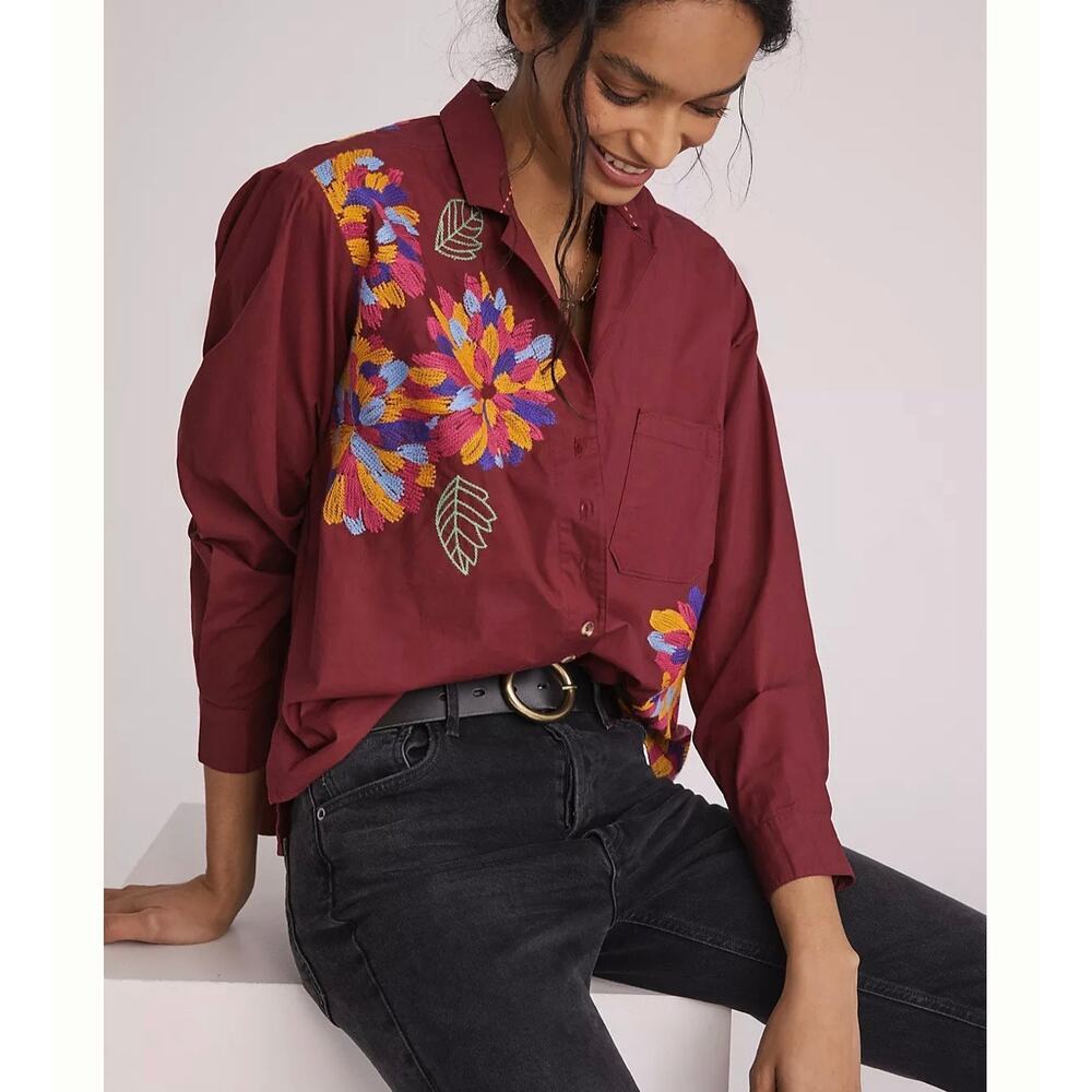 Anthropologie Maeve Embroidered Buttondown